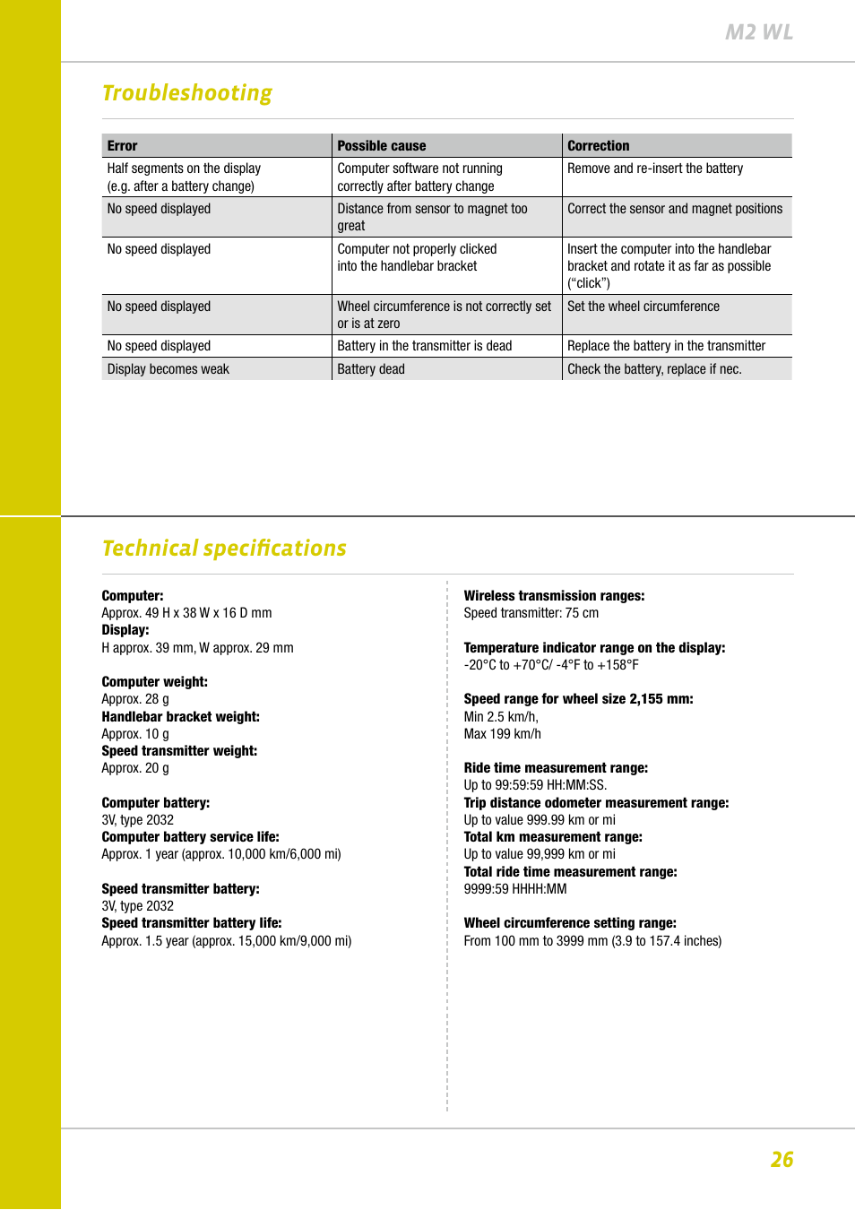 26 m2 wl troubleshooting, Technical specifications | VDO M2WL User Manual | Page 26 / 28