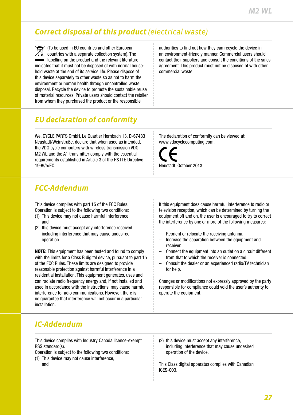 Eu declaration of conformity, Fcc-addendum ic-addendum | VDO M2WL User Manual | Page 27 / 28