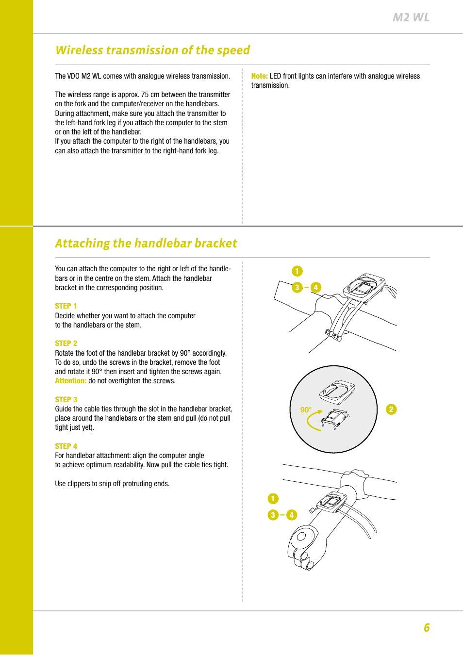 6m2 wl, Wireless transmission of the speed, Attaching the handlebar bracket | VDO M2WL User Manual | Page 6 / 28