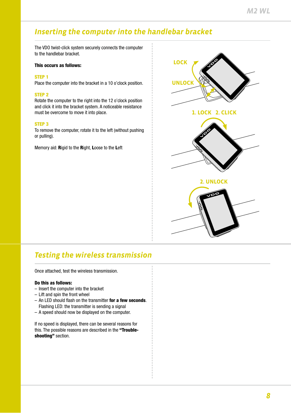 8m2 wl, Inserting the computer into the handlebar bracket, Testing the wireless transmission | VDO M2WL User Manual | Page 8 / 28