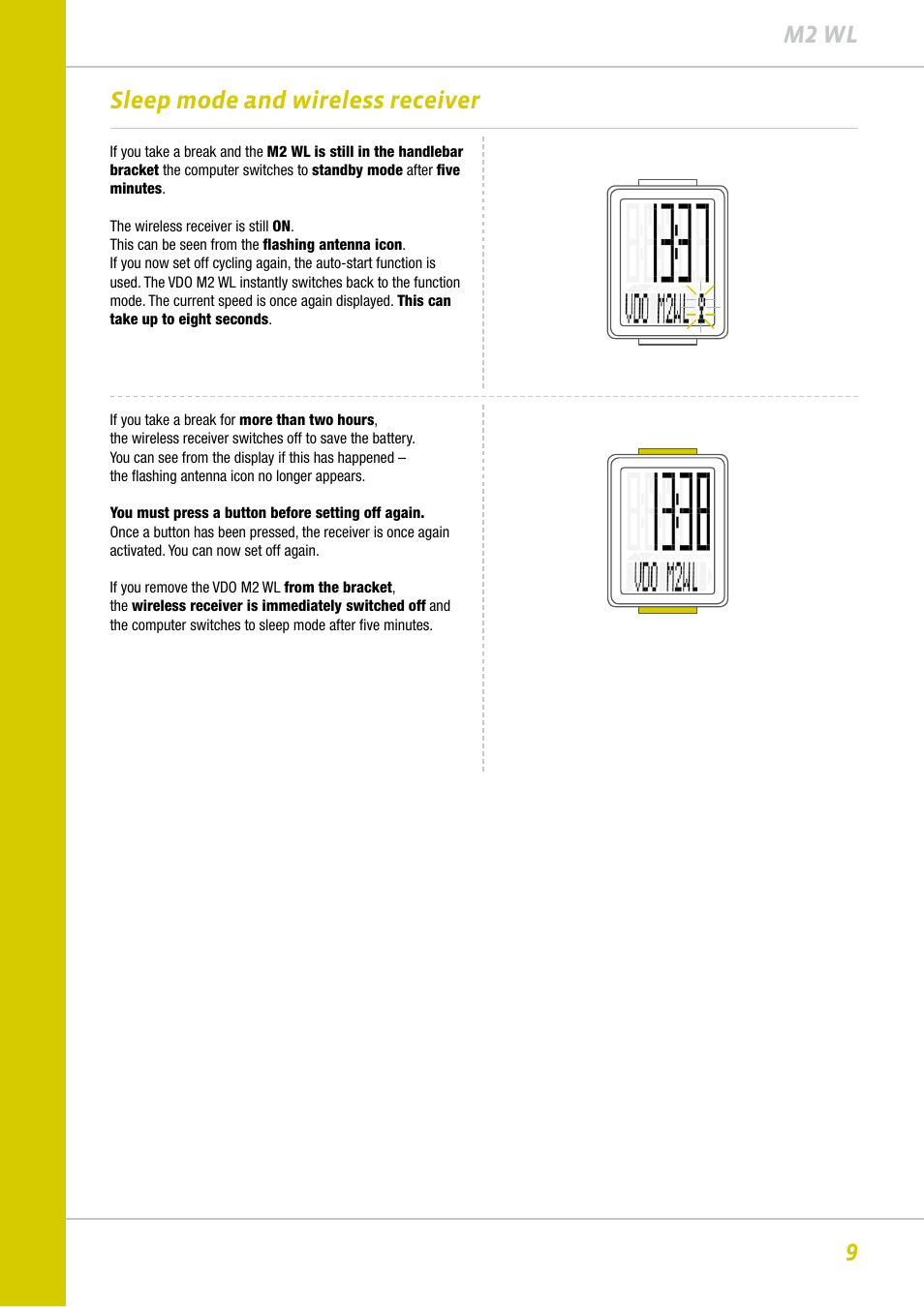 9m2 wl sleep mode and wireless receiver | VDO M2WL User Manual | Page 9 / 28