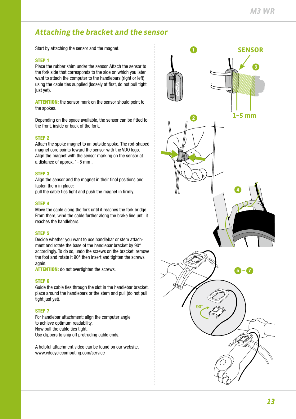 13 m3 wr, Attaching the bracket and the sensor, 1–5 mm | Sensor | VDO M3WR User Manual | Page 13 / 39