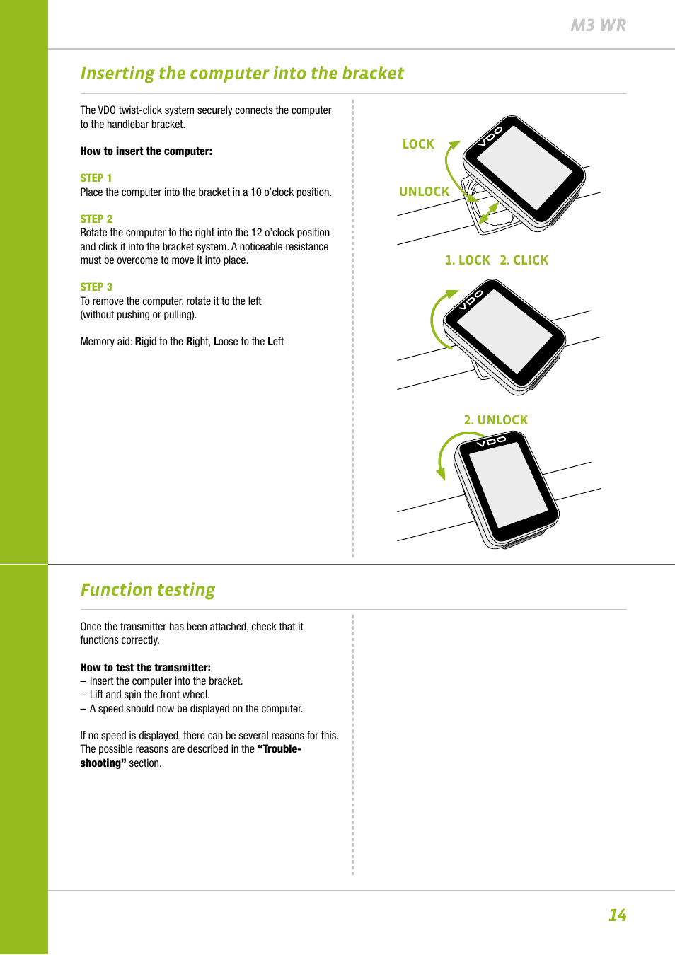 14 m3 wr, Inserting the computer into the bracket, Function testing | VDO M3WR User Manual | Page 14 / 39