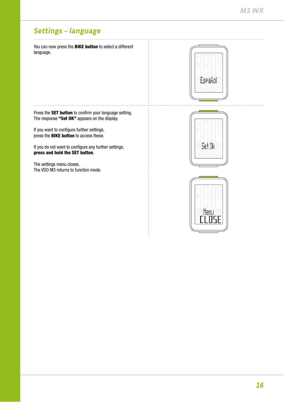 16 m3 wr settings – language | VDO M3WR User Manual | Page 16 / 39