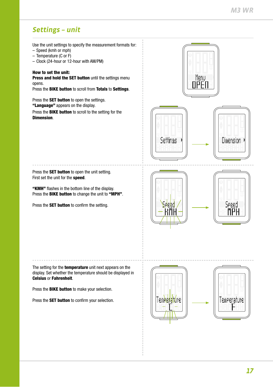 17 m3 wr settings – unit | VDO M3WR User Manual | Page 17 / 39