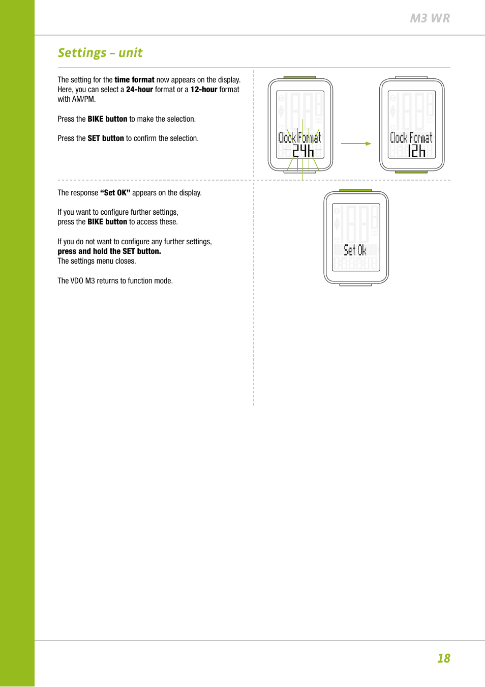 18 m3 wr settings – unit | VDO M3WR User Manual | Page 18 / 39