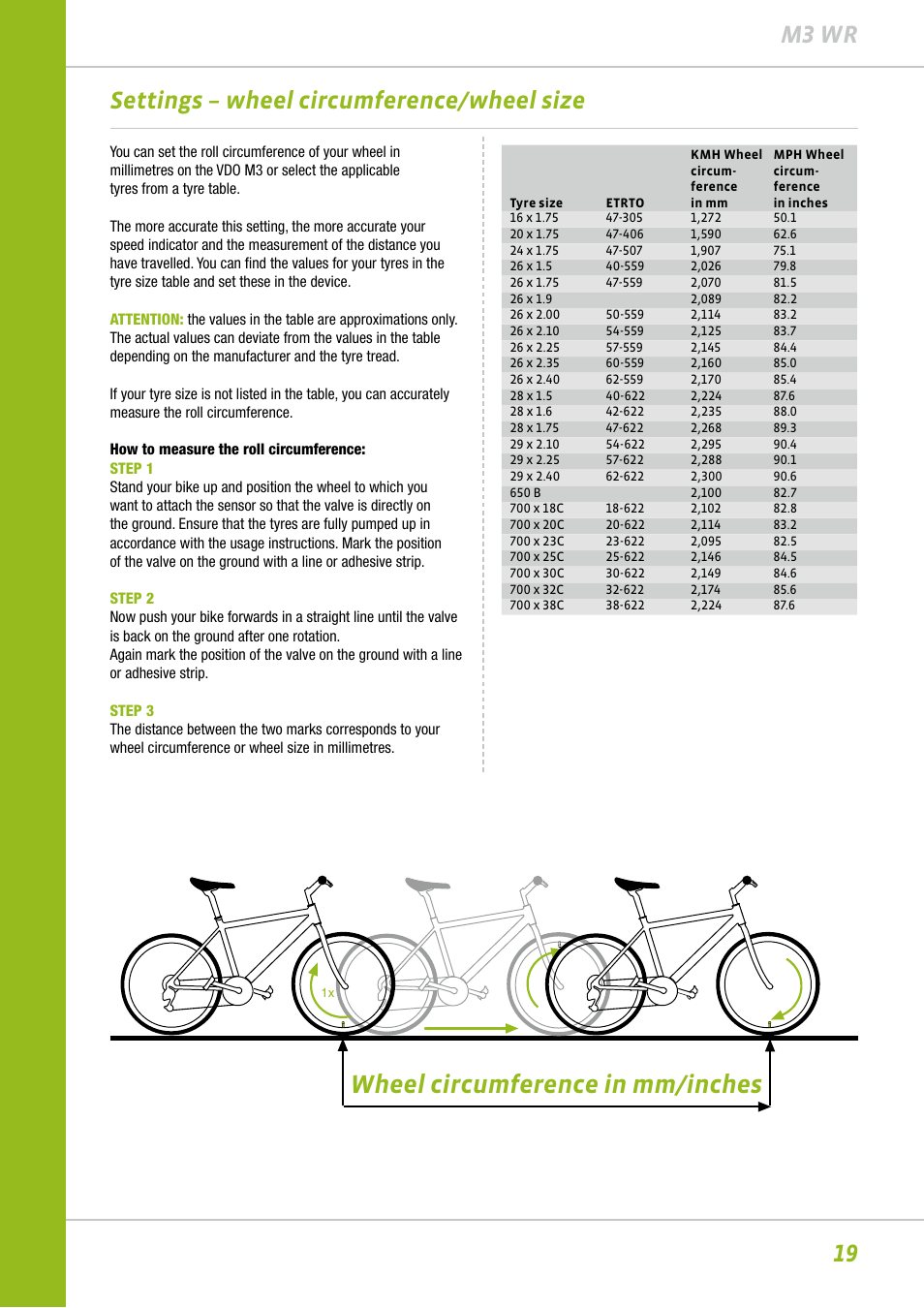 Wheel circumference in mm/inches, 19 m3 wr, Settings – wheel circumference/wheel size | VDO M3WR User Manual | Page 19 / 39