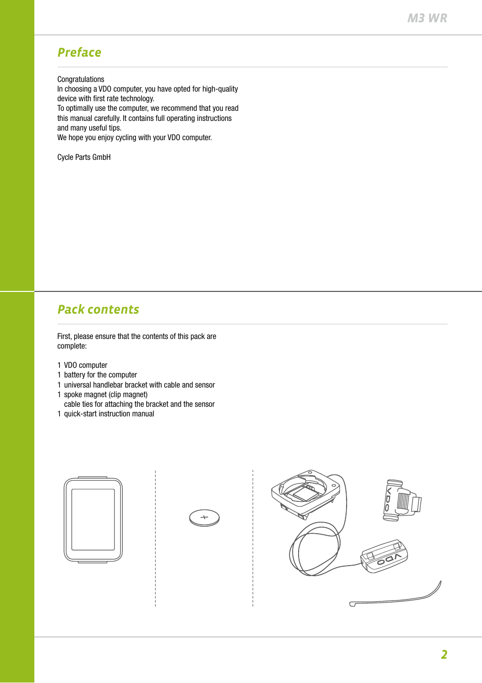 2m3 wr preface pack contents | VDO M3WR User Manual | Page 2 / 39