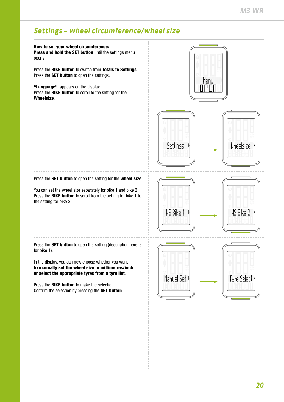 20 m3 wr settings – wheel circumference/wheel size | VDO M3WR User Manual | Page 20 / 39
