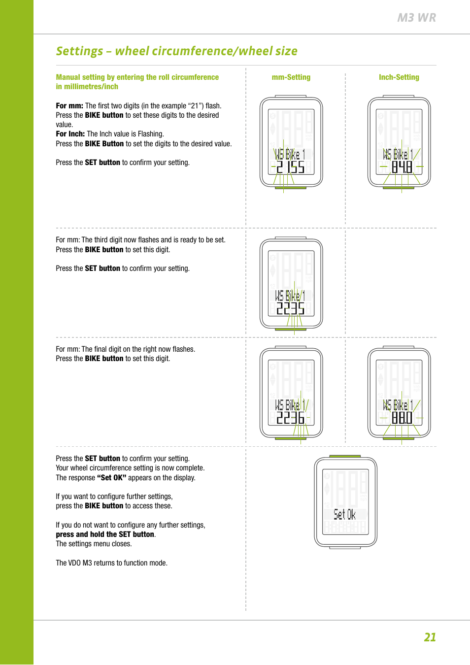 21 m3 wr settings – wheel circumference/wheel size | VDO M3WR User Manual | Page 21 / 39