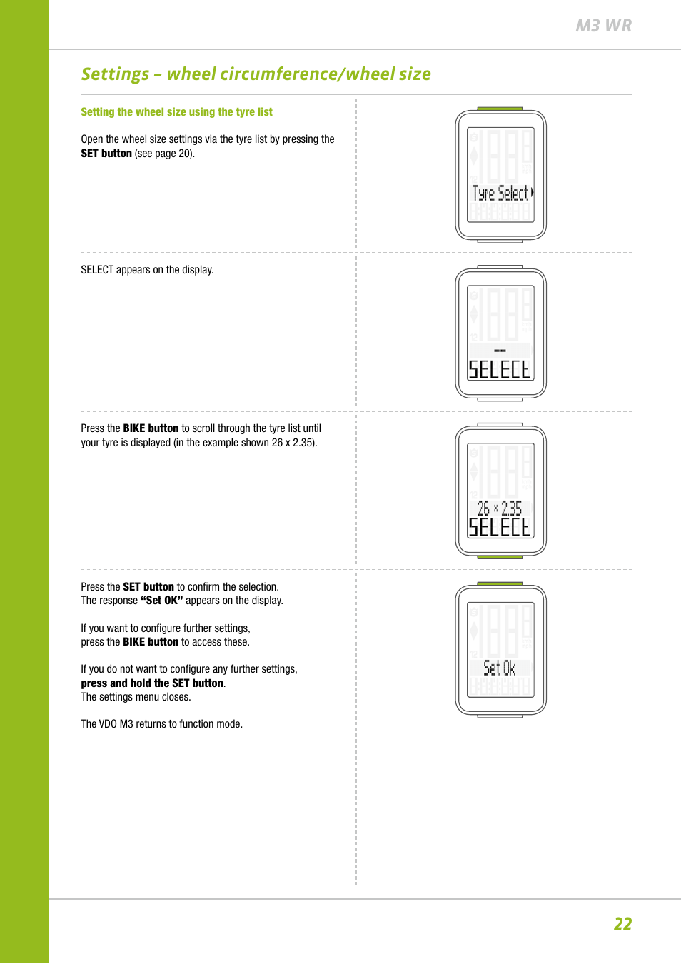 22 m3 wr settings – wheel circumference/wheel size | VDO M3WR User Manual | Page 22 / 39