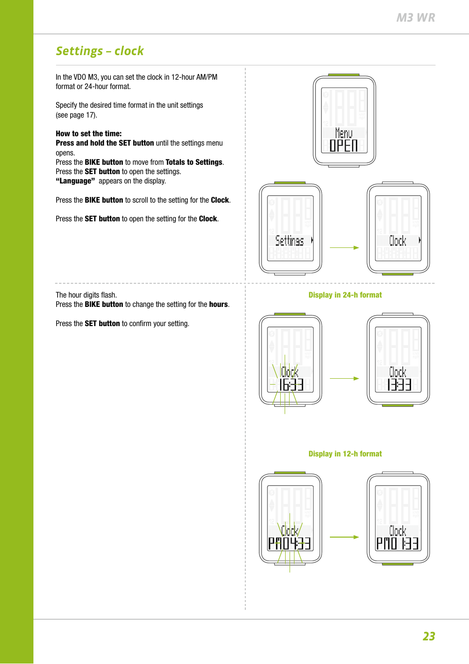 23 m3 wr settings – clock | VDO M3WR User Manual | Page 23 / 39