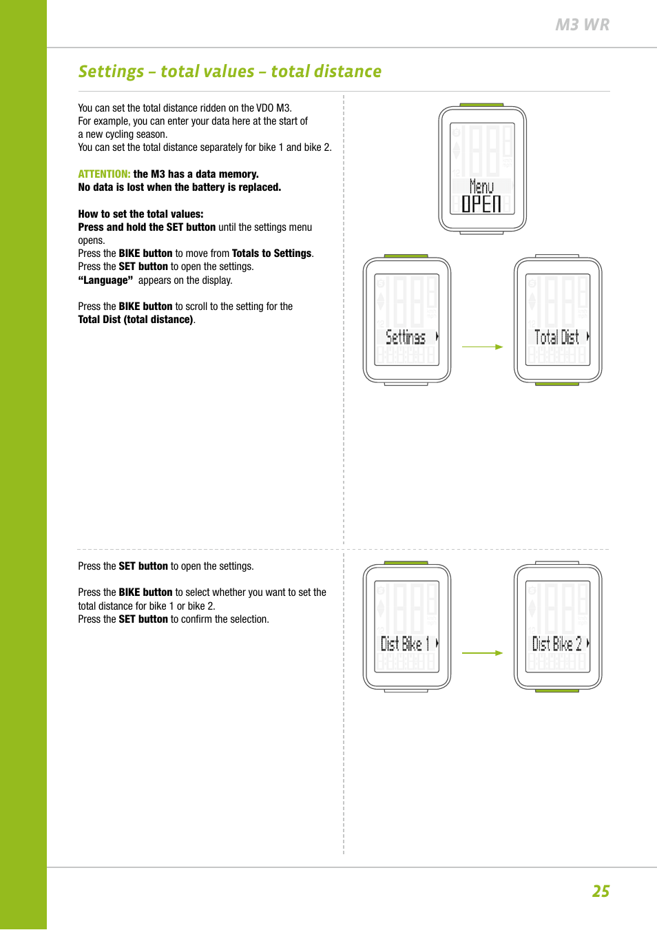 25 m3 wr settings – total values – total distance | VDO M3WR User Manual | Page 25 / 39