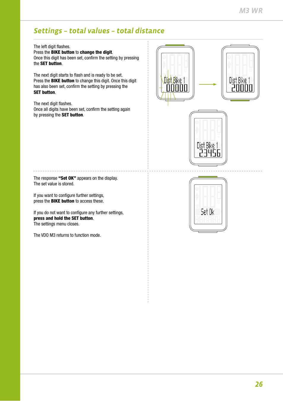 26 m3 wr settings – total values – total distance | VDO M3WR User Manual | Page 26 / 39