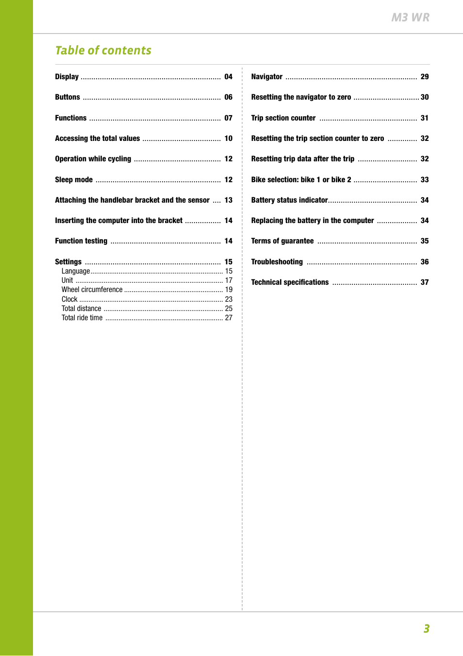 3m3 wr table of contents | VDO M3WR User Manual | Page 3 / 39
