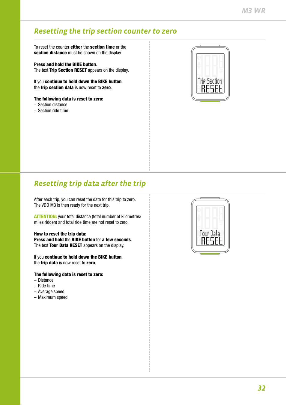 Resetting trip data after the trip | VDO M3WR User Manual | Page 32 / 39