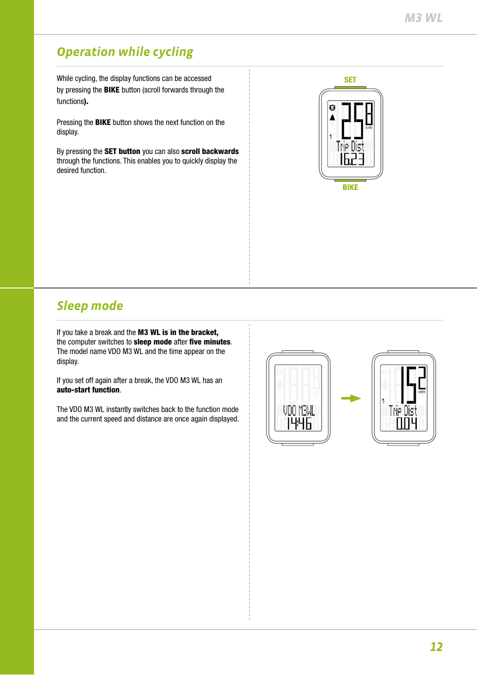 12 m3 wl, Operation while cycling, Sleep mode | VDO M3WL User Manual | Page 12 / 41