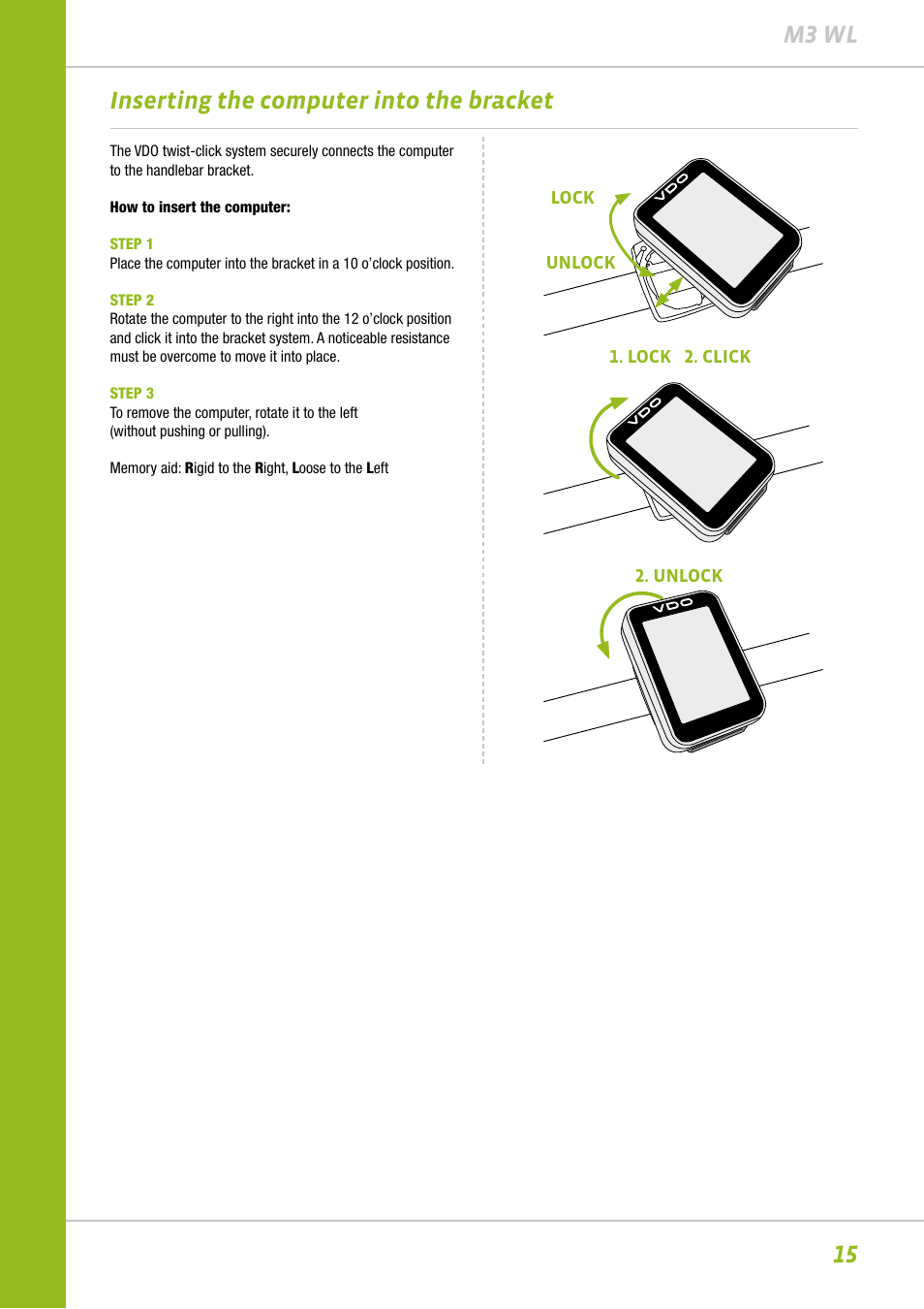15 m3 wl, Inserting the computer into the bracket | VDO M3WL User Manual | Page 15 / 41