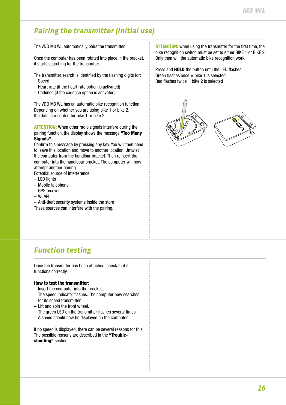 16 m3 wl function testing, Pairing the transmitter (initial use) | VDO M3WL User Manual | Page 16 / 41