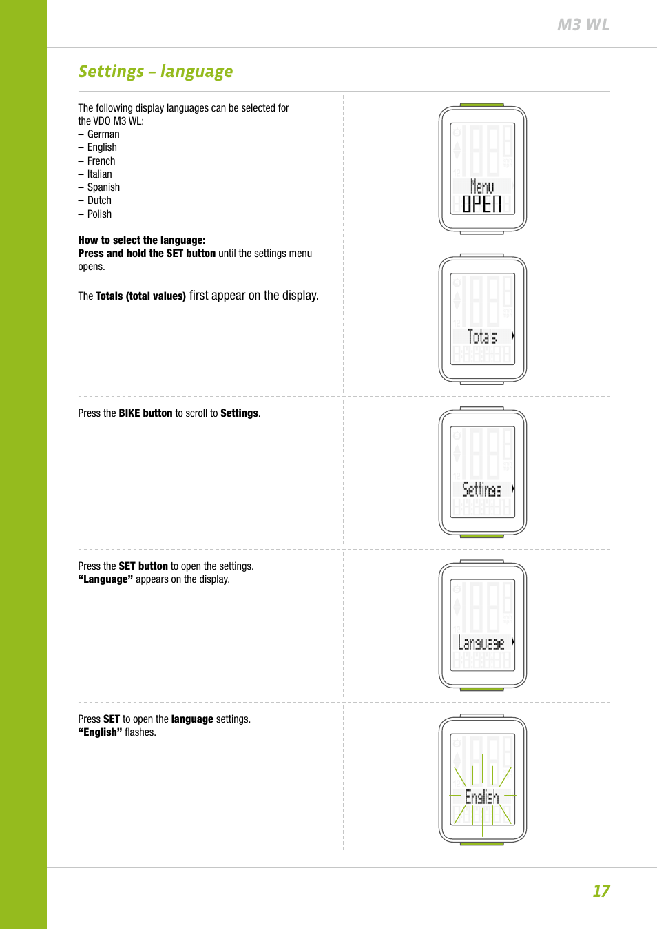 17 m3 wl settings – language | VDO M3WL User Manual | Page 17 / 41