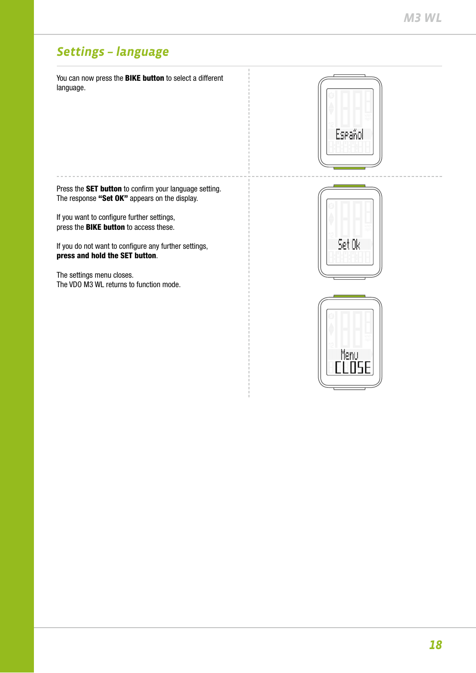 18 m3 wl settings – language | VDO M3WL User Manual | Page 18 / 41