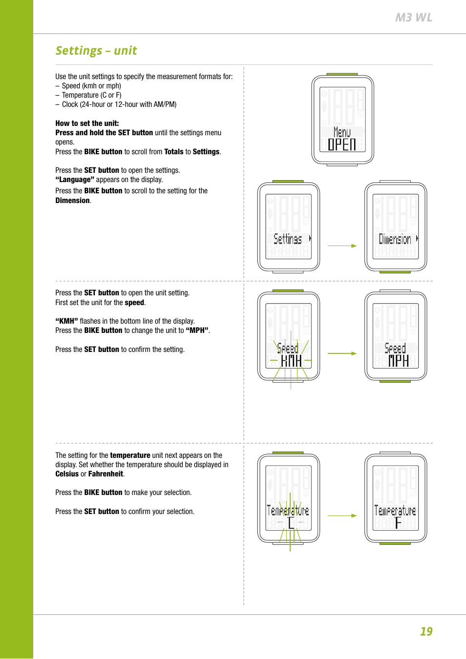 19 m3 wl settings – unit | VDO M3WL User Manual | Page 19 / 41