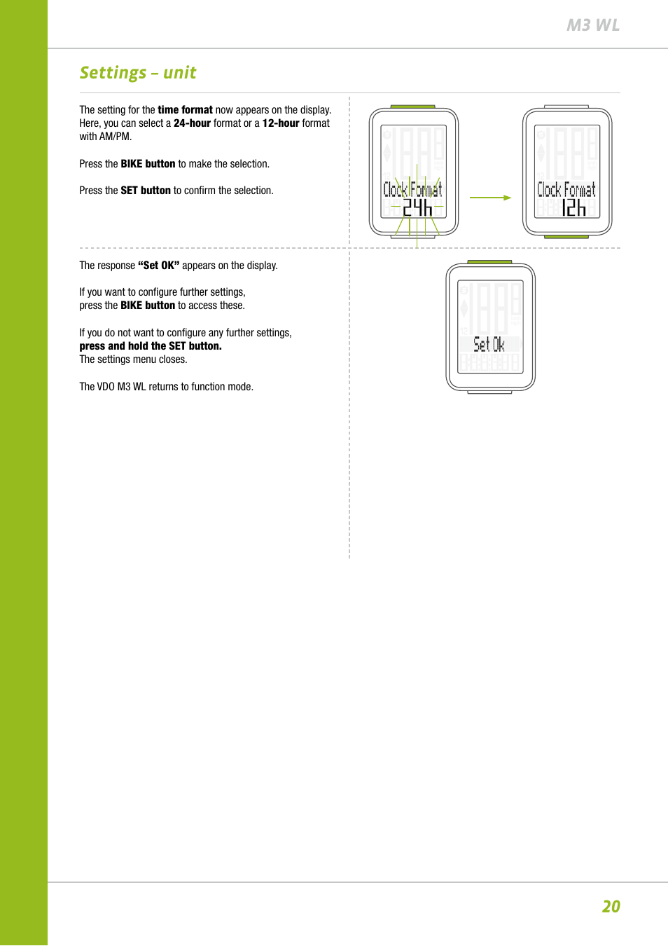 20 m3 wl settings – unit | VDO M3WL User Manual | Page 20 / 41