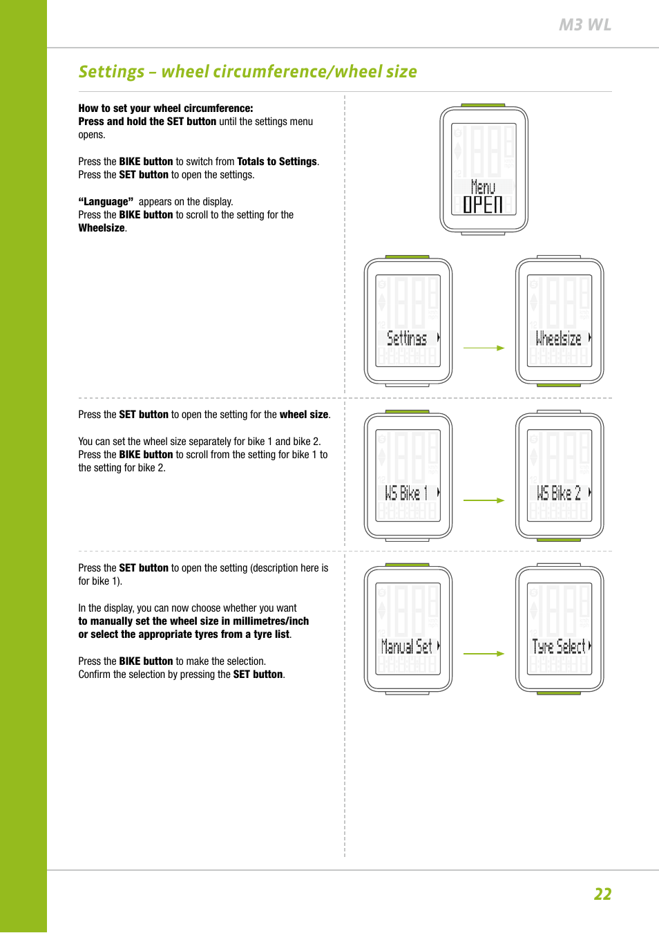 22 m3 wl settings – wheel circumference/wheel size | VDO M3WL User Manual | Page 22 / 41
