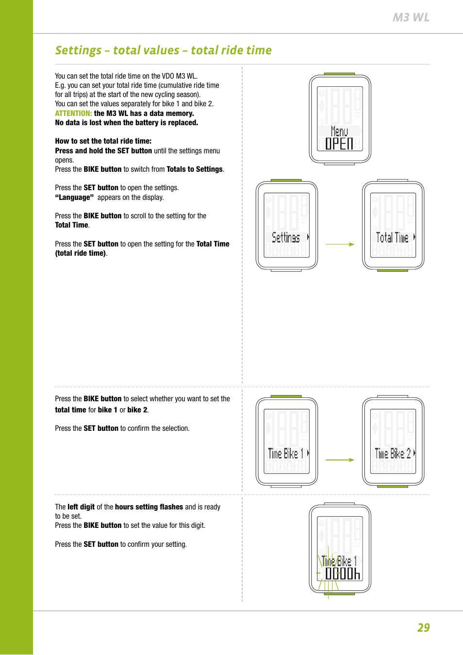29 m3 wl settings – total values – total ride time | VDO M3WL User Manual | Page 29 / 41