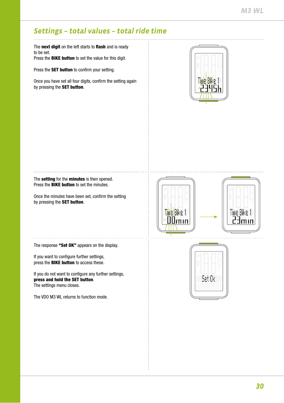 30 m3 wl settings – total values – total ride time | VDO M3WL User Manual | Page 30 / 41
