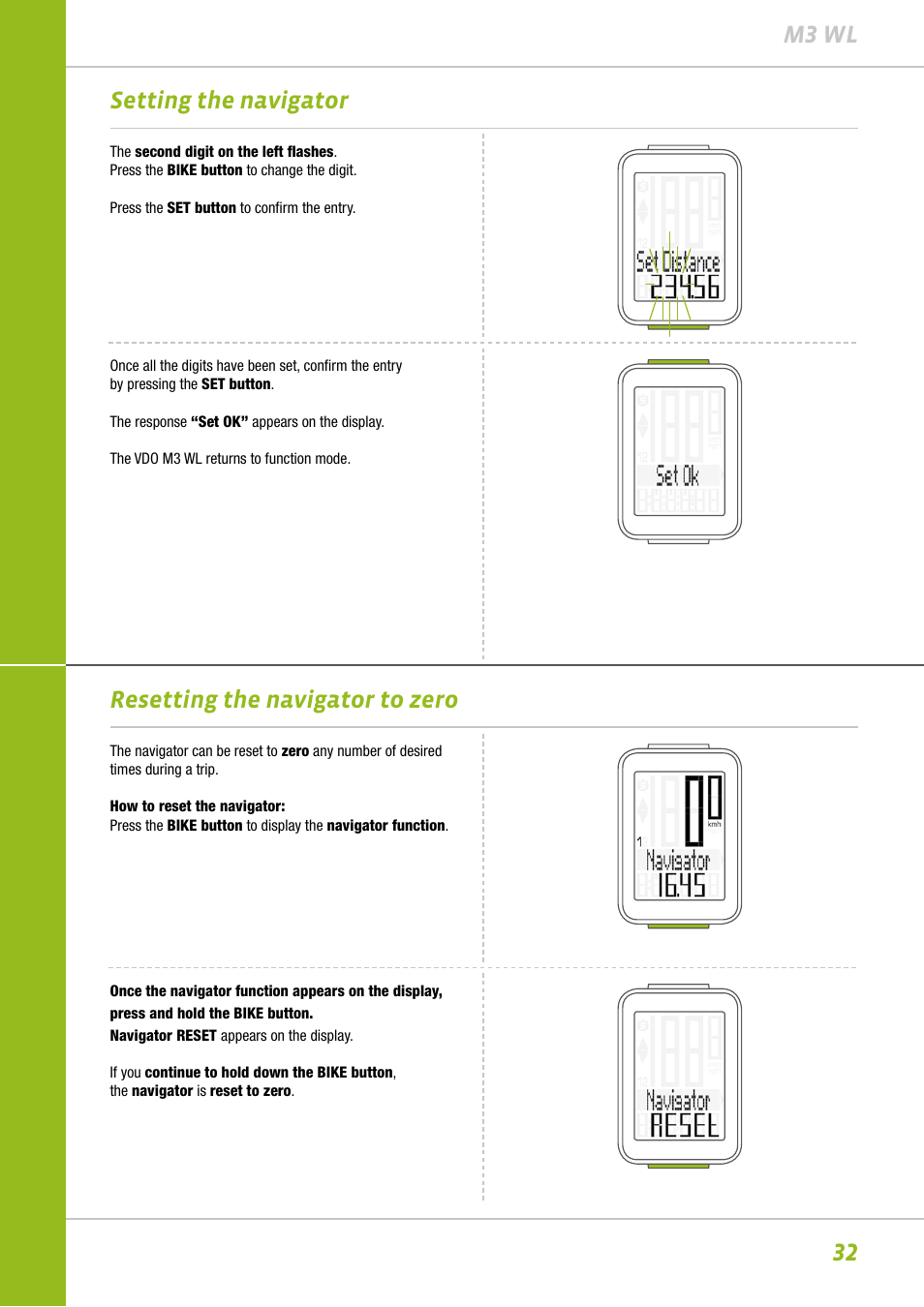 32 m3 wl setting the navigator, Resetting the navigator to zero | VDO M3WL User Manual | Page 32 / 41