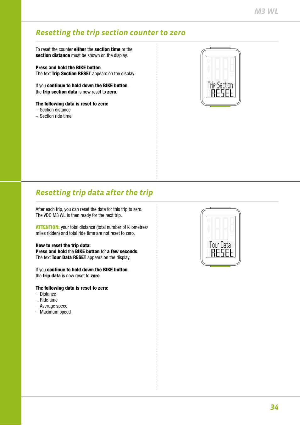 Resetting trip data after the trip | VDO M3WL User Manual | Page 34 / 41
