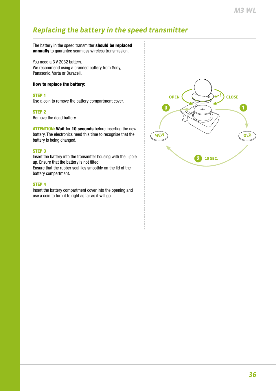 36 m3 wl, Replacing the battery in the speed transmitter | VDO M3WL User Manual | Page 36 / 41