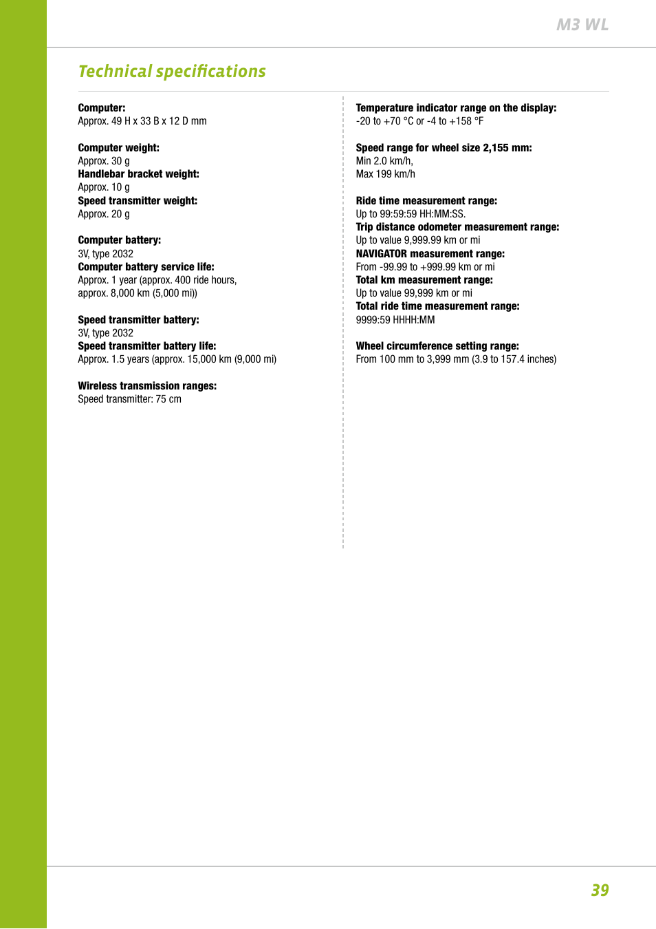 39 m3 wl technical specifications | VDO M3WL User Manual | Page 39 / 41