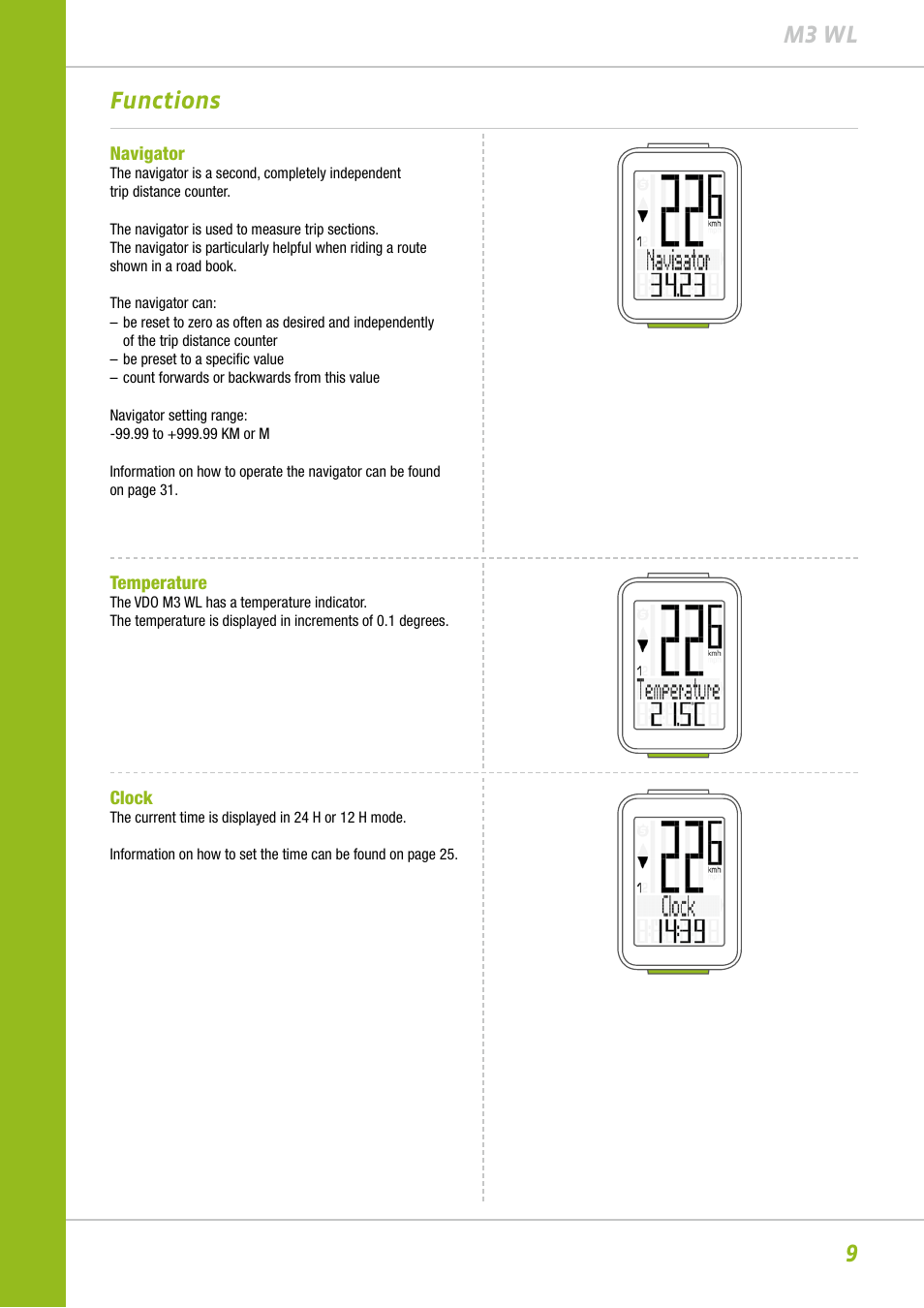 9m3 wl functions | VDO M3WL User Manual | Page 9 / 41