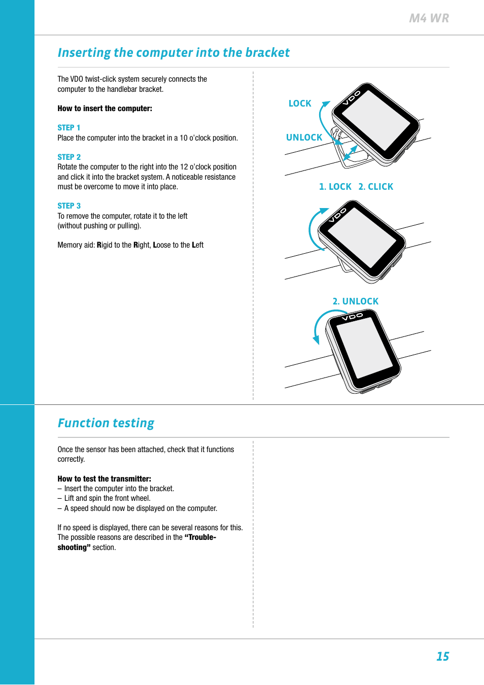 15 m4 wr, Inserting the computer into the bracket, Function testing | VDO M4WR User Manual | Page 15 / 52