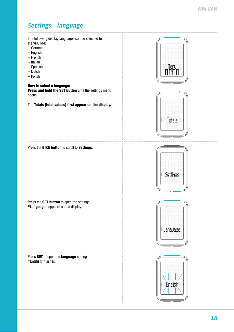 16 m4 wr settings – language | VDO M4WR User Manual | Page 16 / 52