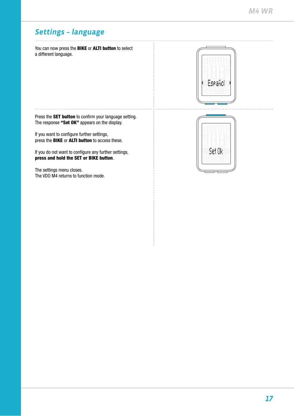 17 m4 wr settings – language | VDO M4WR User Manual | Page 17 / 52