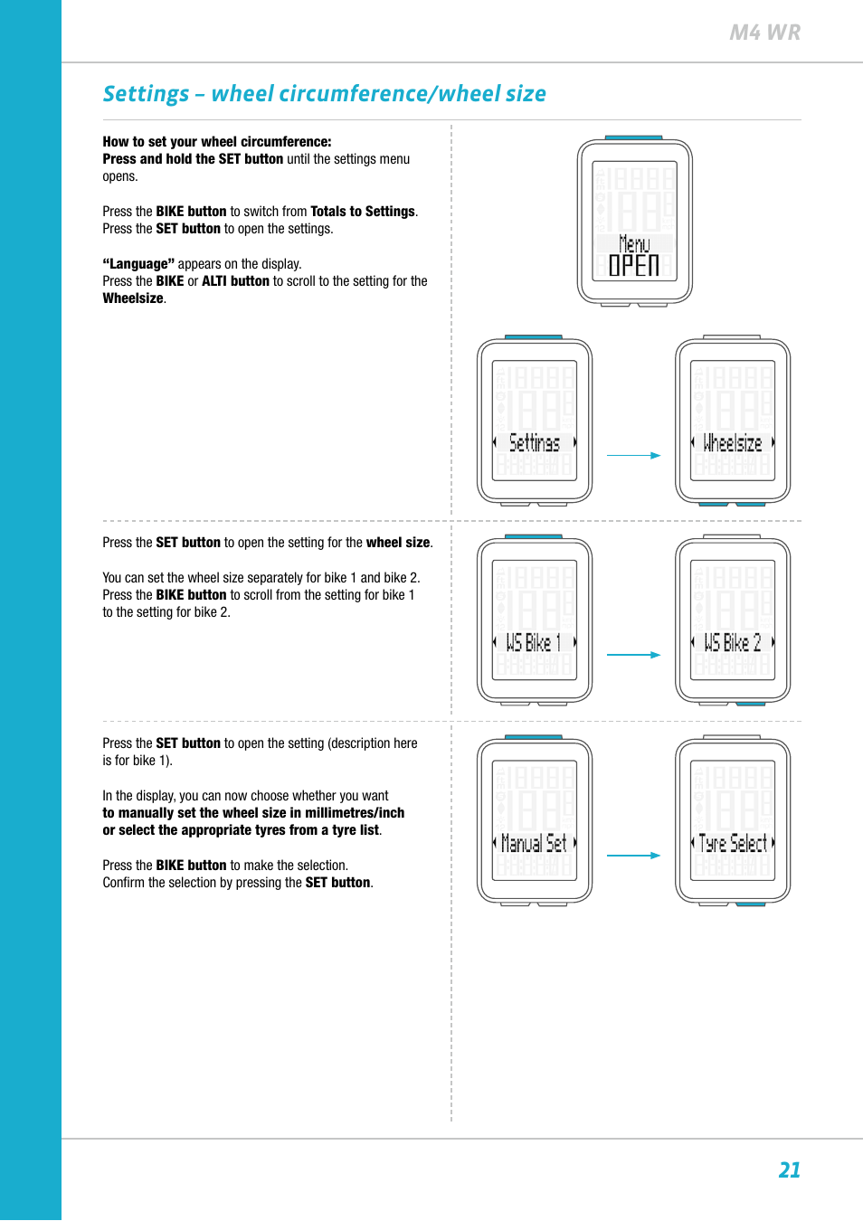 21 m4 wr settings – wheel circumference/wheel size | VDO M4WR User Manual | Page 21 / 52