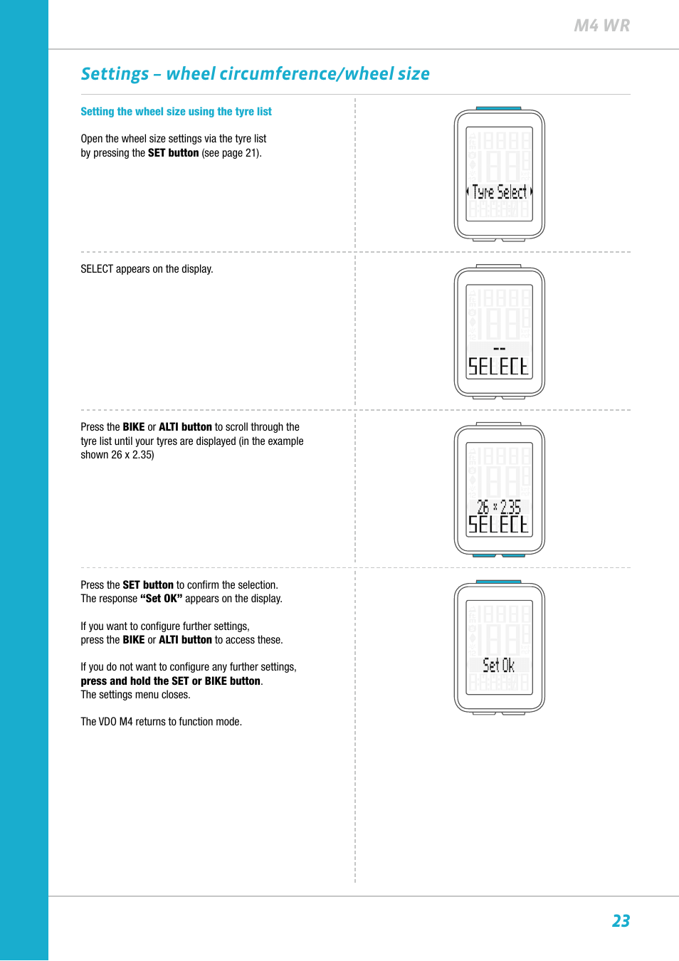 23 m4 wr settings – wheel circumference/wheel size | VDO M4WR User Manual | Page 23 / 52