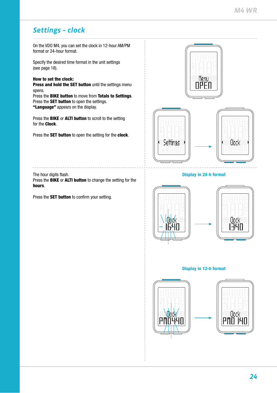 24 m4 wr settings – clock | VDO M4WR User Manual | Page 24 / 52