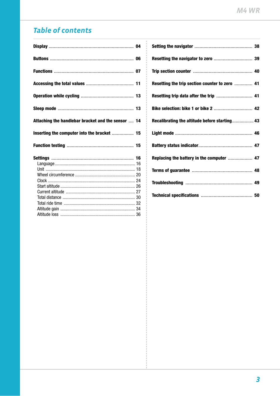 3m4 wr table of contents | VDO M4WR User Manual | Page 3 / 52