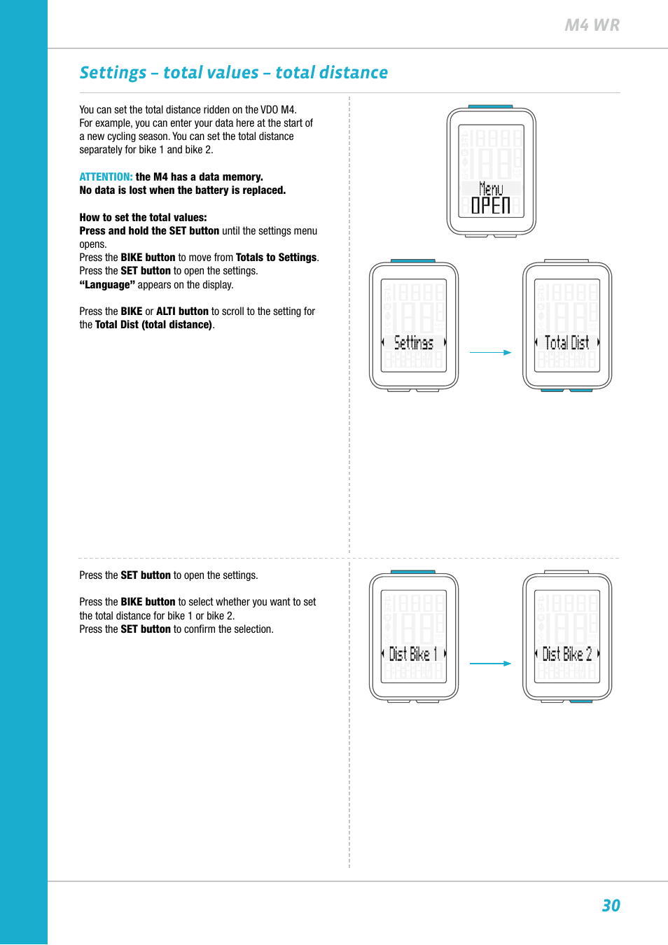 30 m4 wr settings – total values – total distance | VDO M4WR User Manual | Page 30 / 52