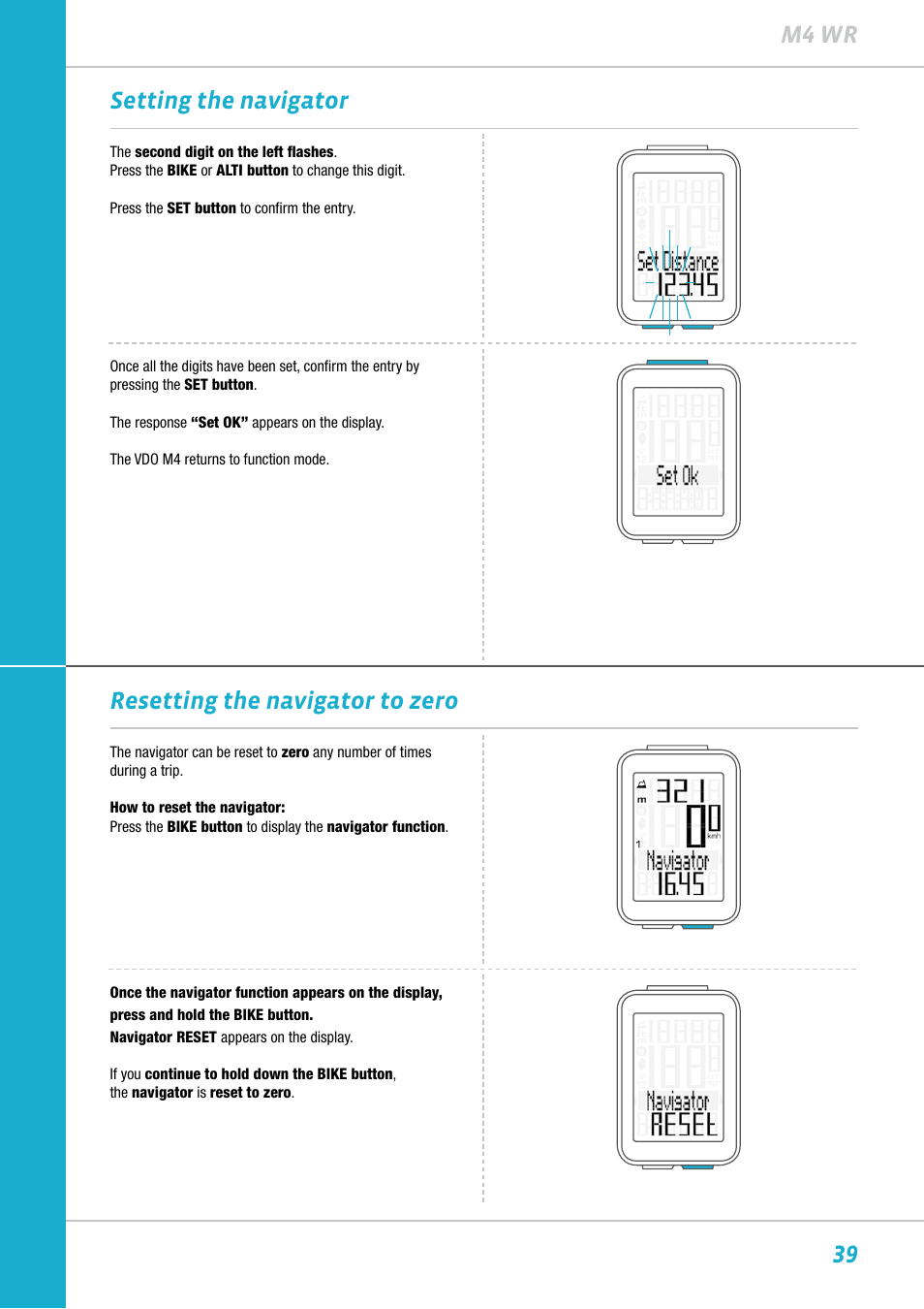 39 m4 wr setting the navigator, Resetting the navigator to zero | VDO M4WR User Manual | Page 39 / 52