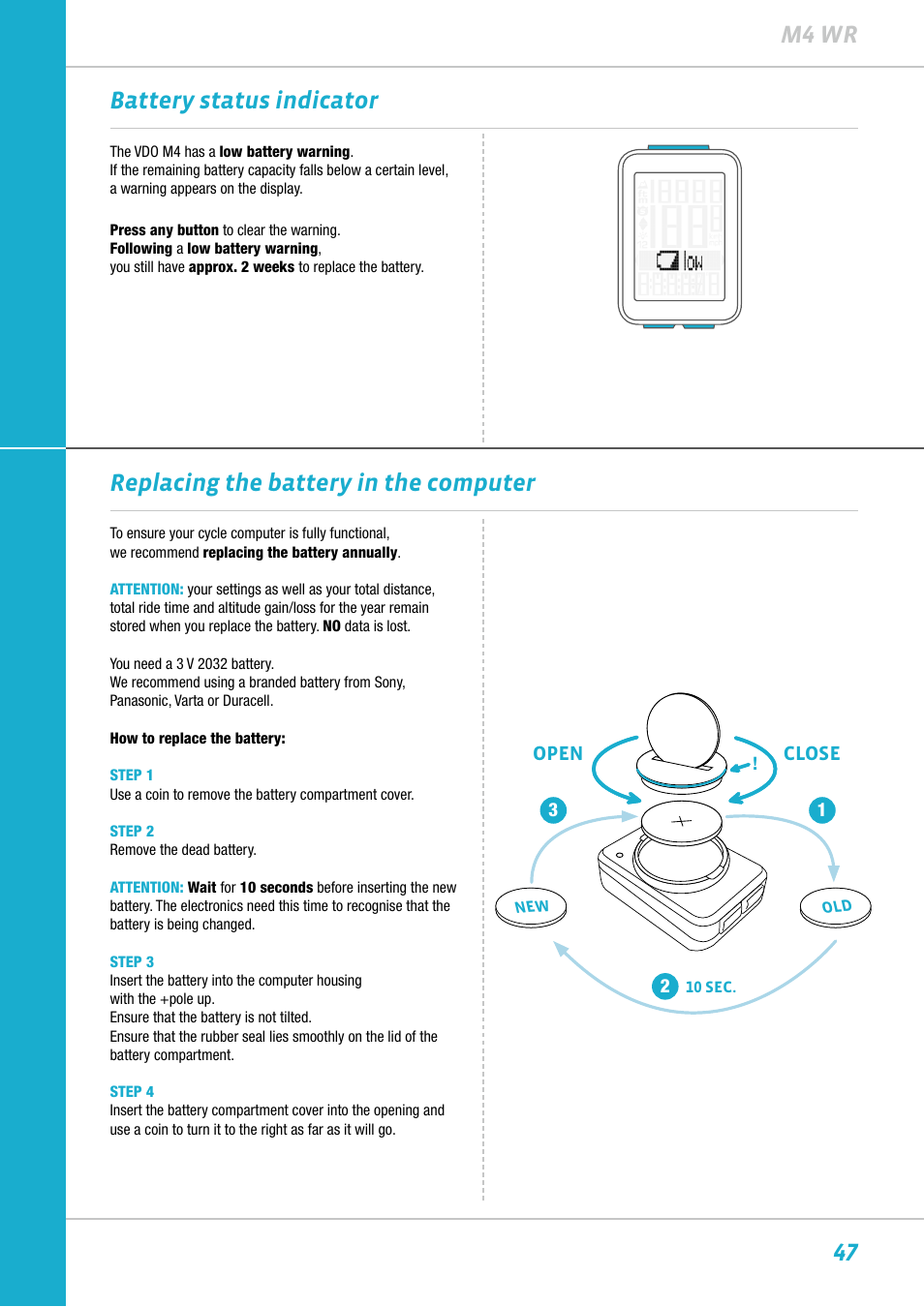 47 m4 wr, Replacing the battery in the computer, Battery status indicator | VDO M4WR User Manual | Page 47 / 52