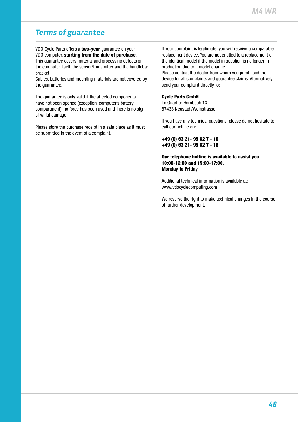 48 m4 wr terms of guarantee | VDO M4WR User Manual | Page 48 / 52