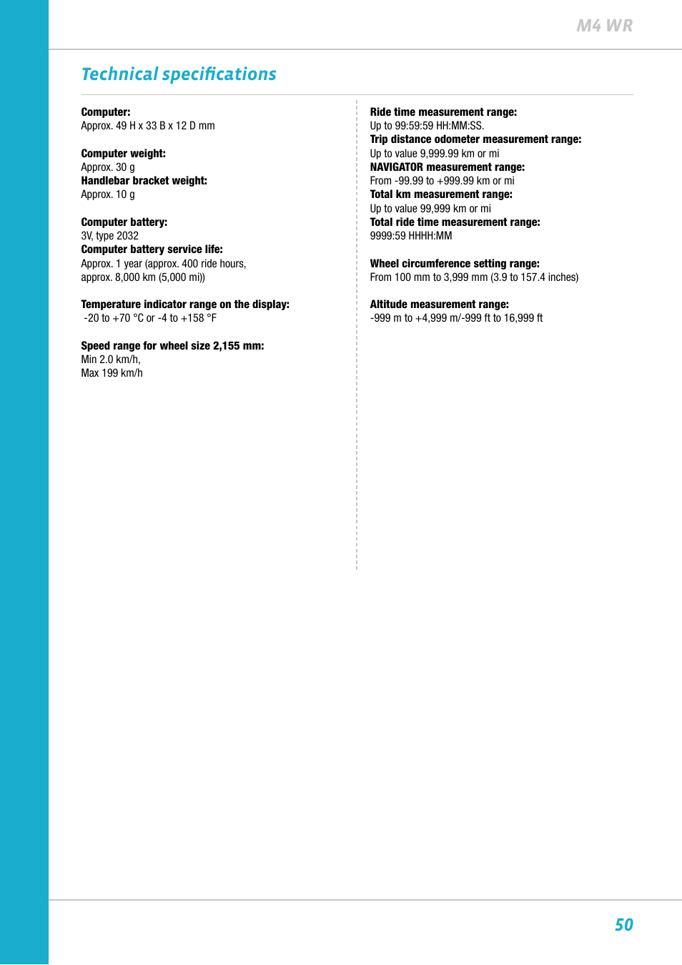50 m4 wr technical specifications | VDO M4WR User Manual | Page 50 / 52