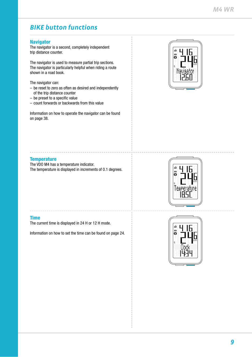 9m4 wr bike button functions | VDO M4WR User Manual | Page 9 / 52
