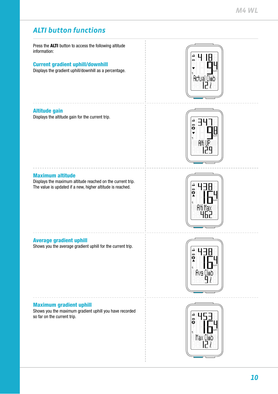 10 m4 wl alti button functions | VDO M4WL User Manual | Page 10 / 54