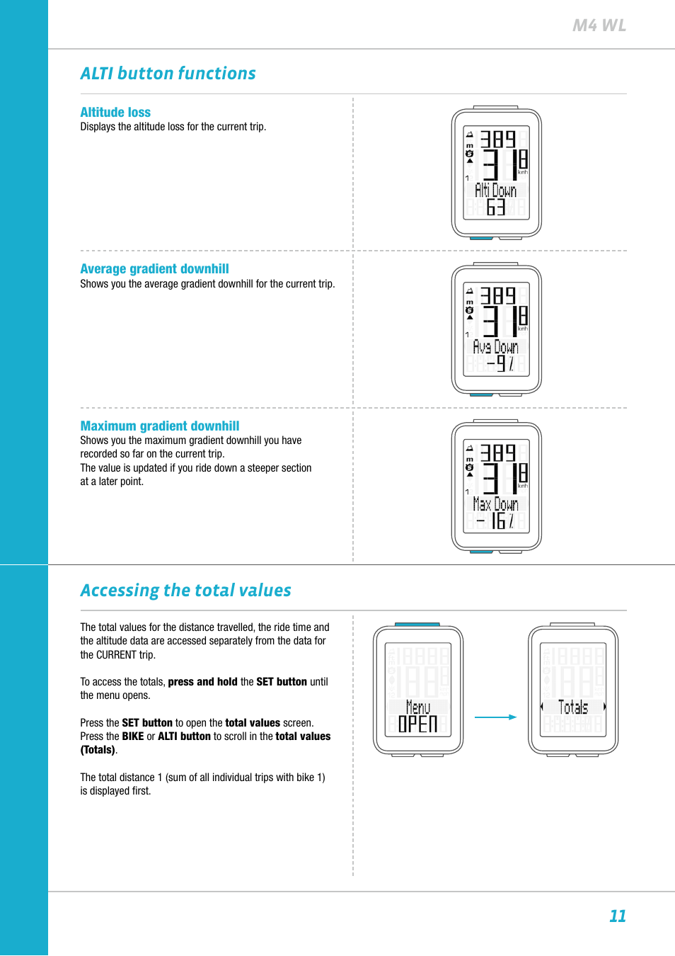 11 m4 wl alti button functions, Accessing the total values | VDO M4WL User Manual | Page 11 / 54